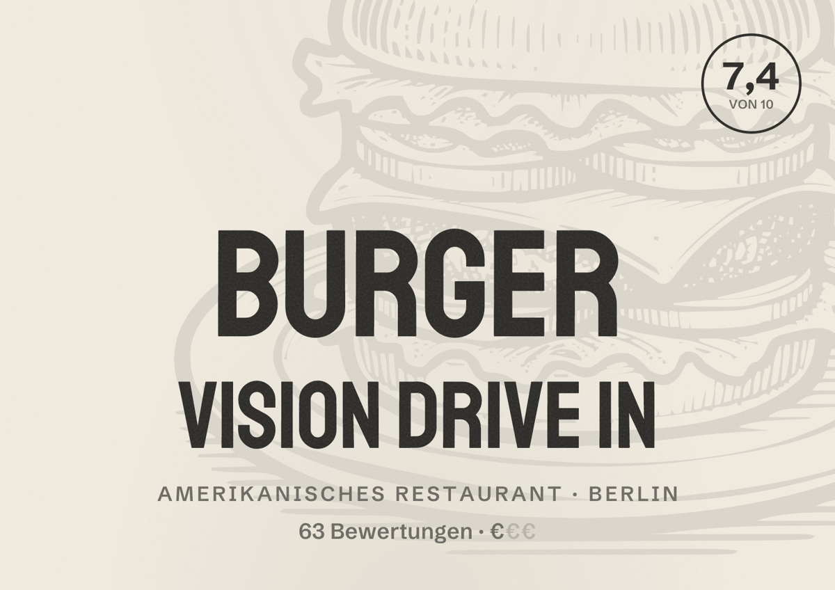Illustriertes Poster von Burger Vision Drive In, Amerikanisches Restaurant in Berlin: Bewertung 7,4 von 10 aus 63 Bewertungen, Preisniveau €