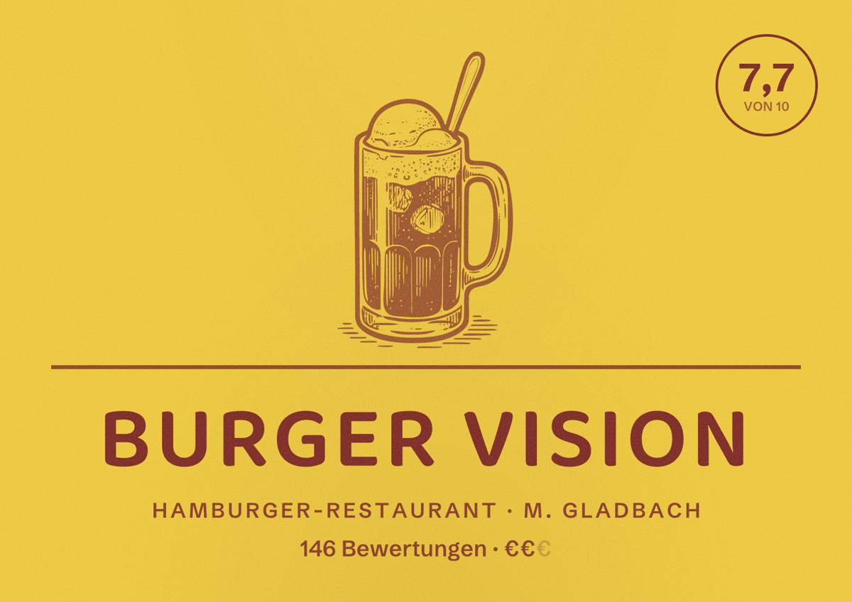 Illustriertes Poster von Burger Vision, Hamburger-Restaurant in M. Gladbach: Bewertung 7,7 von 10 aus 146 Bewertungen, Preisniveau €€