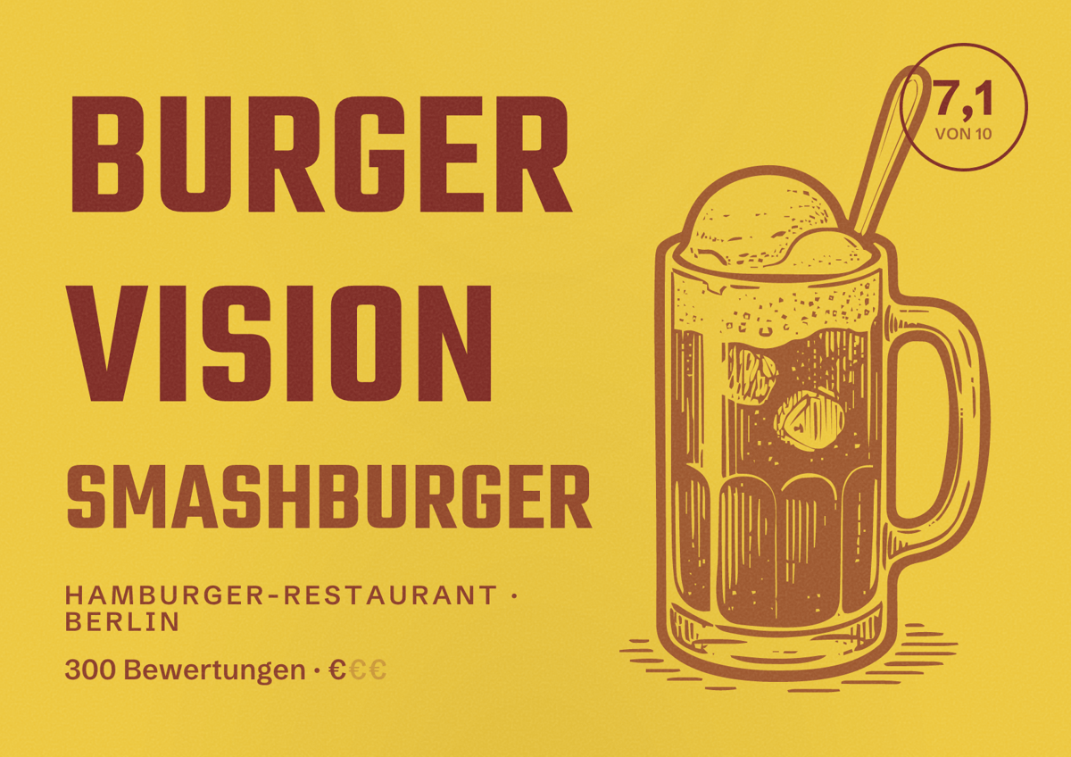 Illustriertes Poster von Burger Vision Smashburger, Hamburger-Restaurant in Berlin: Bewertung 7,1 von 10 aus 300 Bewertungen, Preisniveau €