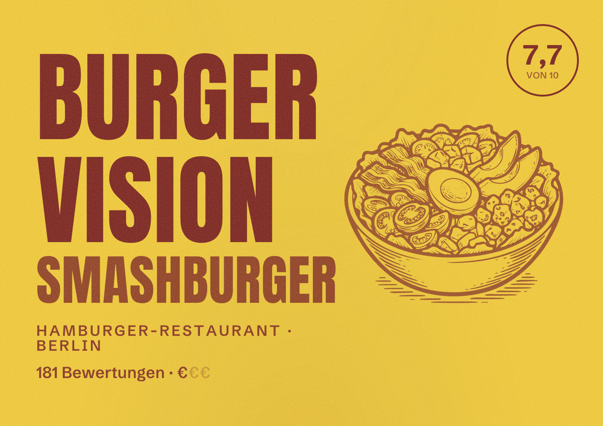 Illustriertes Poster von Burger Vision Smashburger, Hamburger-Restaurant in Berlin: Bewertung 7,7 von 10 aus 181 Bewertungen, Preisniveau €