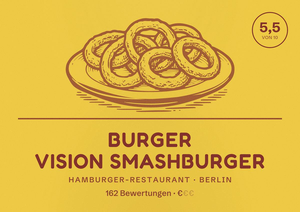 Illustriertes Poster von Burger Vision Smashburger, Hamburger-Restaurant in Berlin: Bewertung 5,5 von 10 aus 162 Bewertungen, Preisniveau €