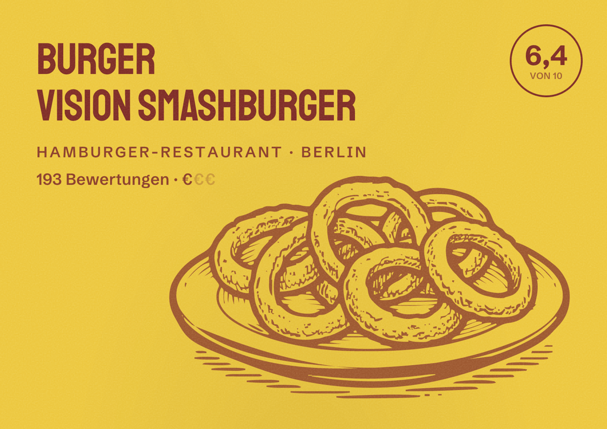 Illustriertes Poster von Burger Vision Smashburger, Hamburger-Restaurant in Berlin: Bewertung 6,4 von 10 aus 193 Bewertungen, Preisniveau €