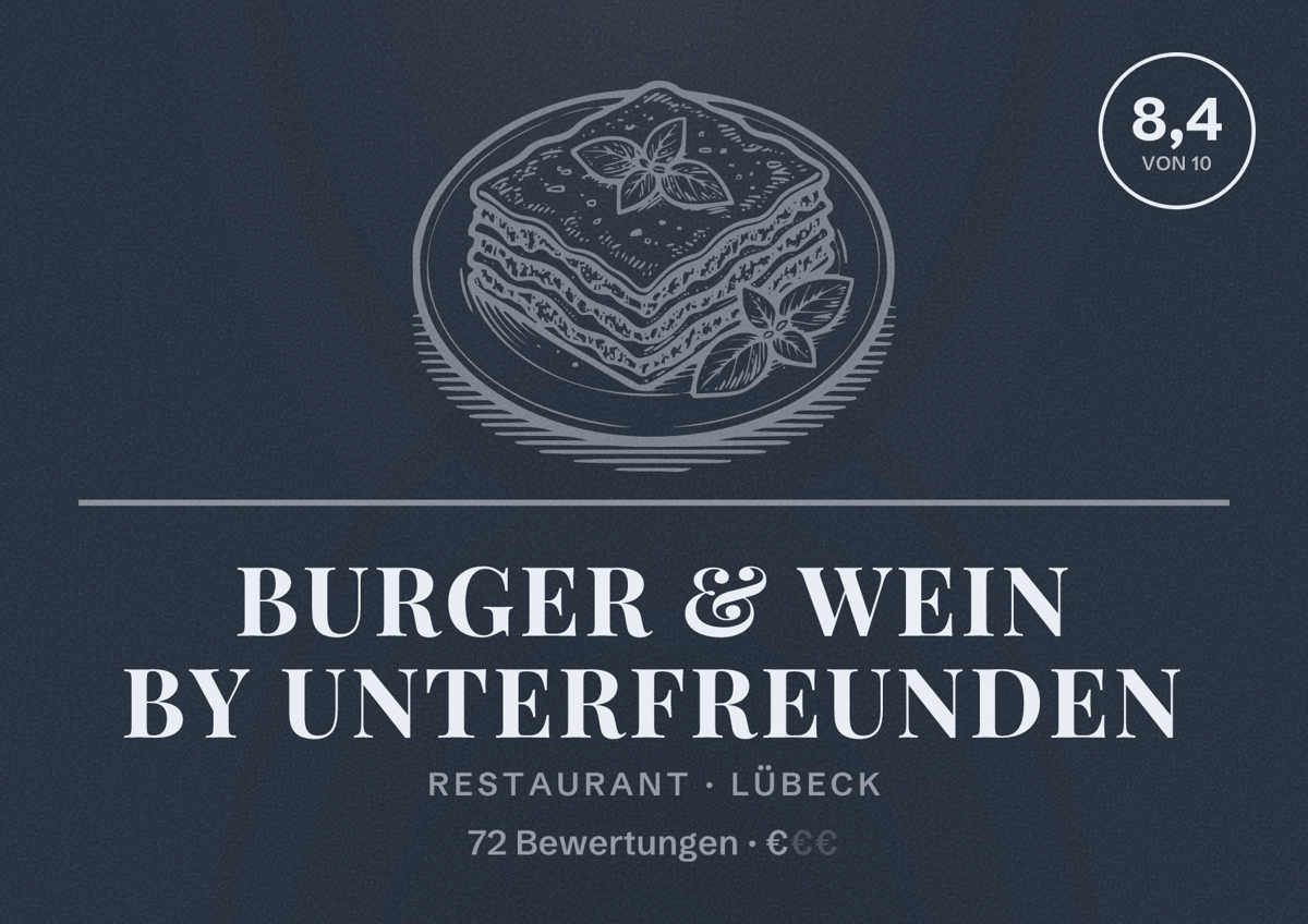 Illustriertes Poster von Burger & Wein by UnterFreunden, Restaurant in Lübeck: Bewertung 8,4 von 10 aus 72 Bewertungen, Preisniveau €