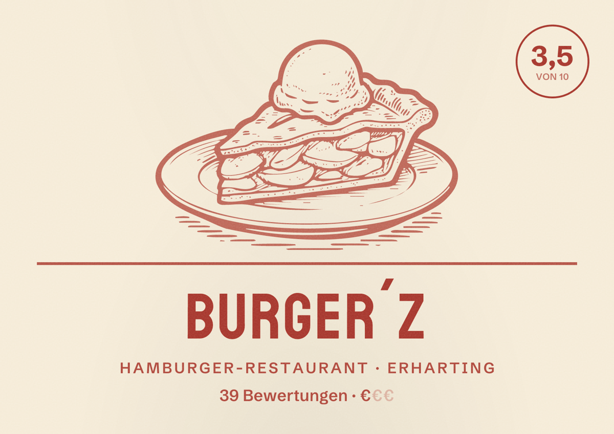 Illustriertes Poster von BURGER´Z, Hamburger-Restaurant in Erharting: Bewertung 3,5 von 10 aus 39 Bewertungen, Preisniveau €