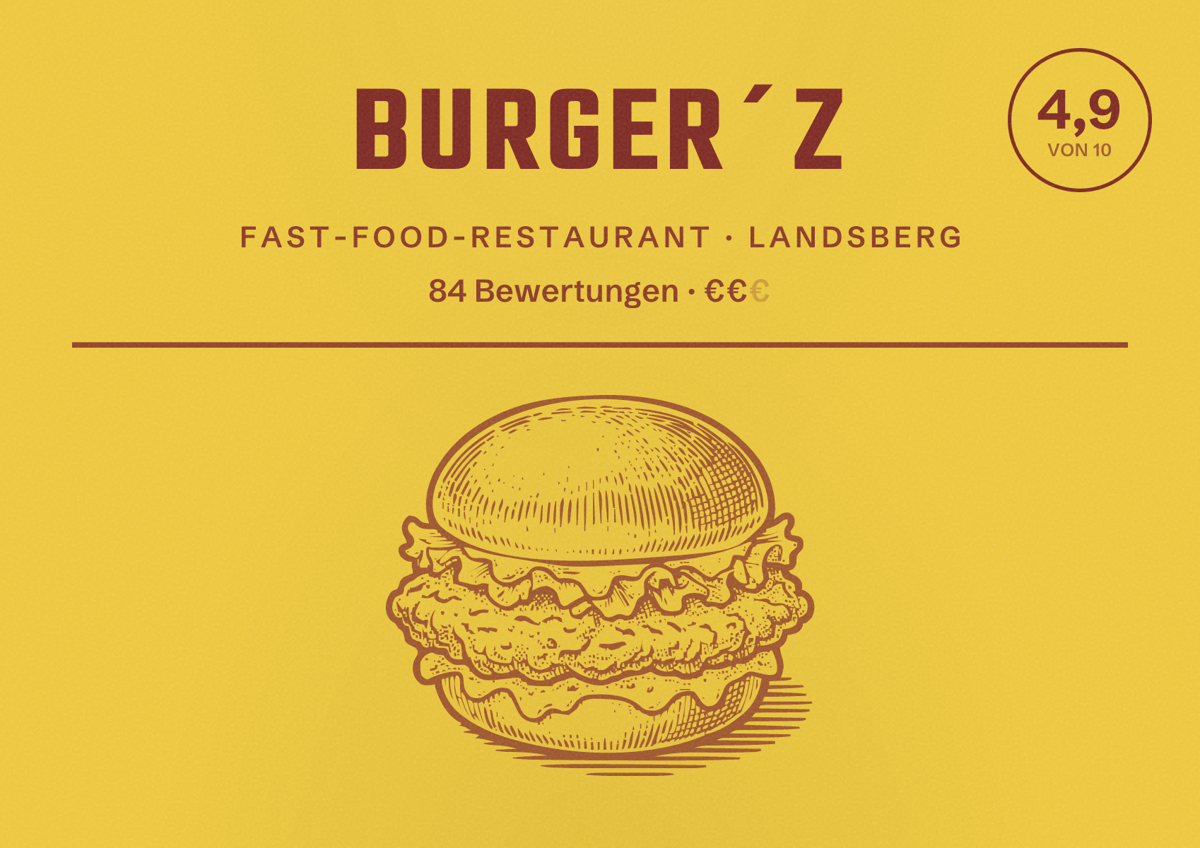 Illustriertes Poster von BURGER´Z, Fast-Food-Restaurant in Landsberg: Bewertung 4,9 von 10 aus 84 Bewertungen, Preisniveau €€