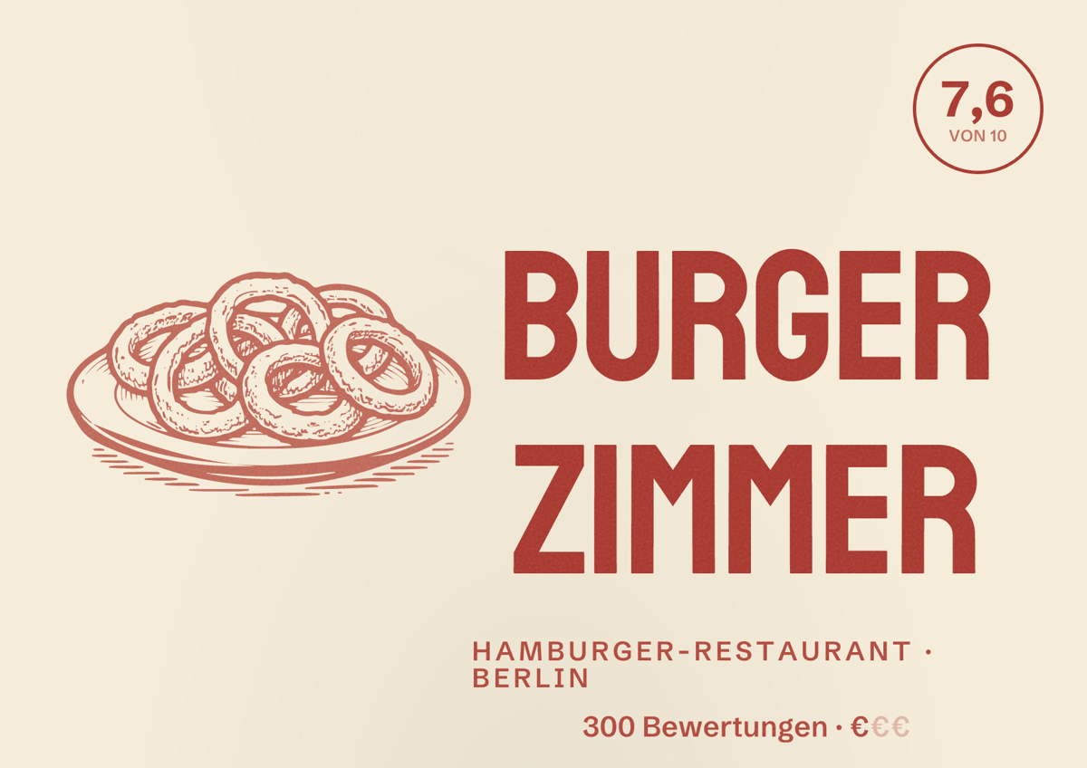 Illustriertes Poster von Burger Zimmer, Hamburger-Restaurant in Berlin: Bewertung 7,6 von 10 aus 300 Bewertungen, Preisniveau €