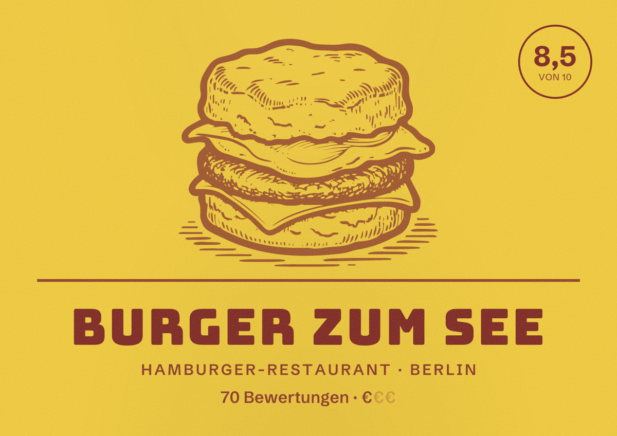 Illustriertes Poster von Burger zum See, Hamburger-Restaurant in Berlin: Bewertung 8,5 von 10 aus 70 Bewertungen, Preisniveau €
