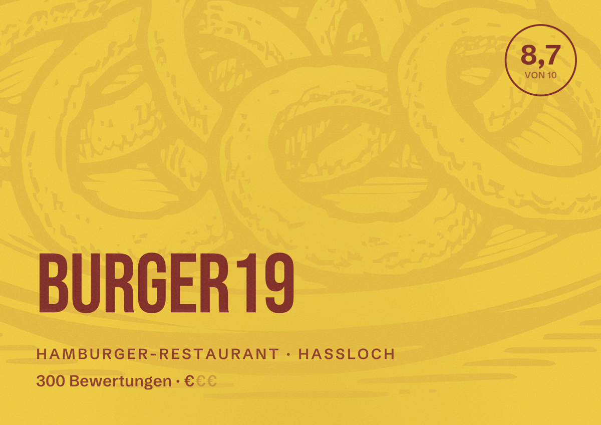 Illustriertes Poster von Burger19, Hamburger-Restaurant in Haßloch: Bewertung 8,7 von 10 aus 300 Bewertungen, Preisniveau €