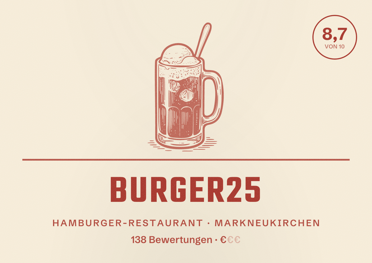 Illustriertes Poster von Burger25, Hamburger-Restaurant in Markneukirchen: Bewertung 8,7 von 10 aus 138 Bewertungen, Preisniveau €