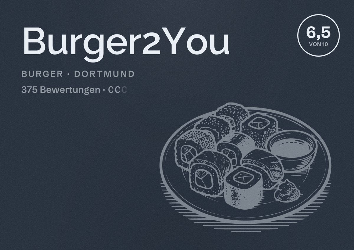 Illustriertes Poster von Burger2You, Burger in Dortmund: Bewertung 6,5 von 10 aus 375 Bewertungen, Preisniveau €€