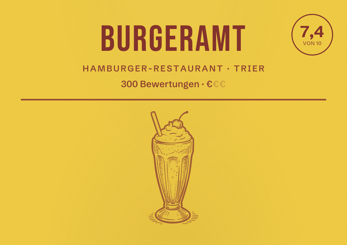 Illustriertes Poster von Burgeramt, Hamburger-Restaurant in Trier: Bewertung 7,4 von 10 aus 300 Bewertungen, Preisniveau €
