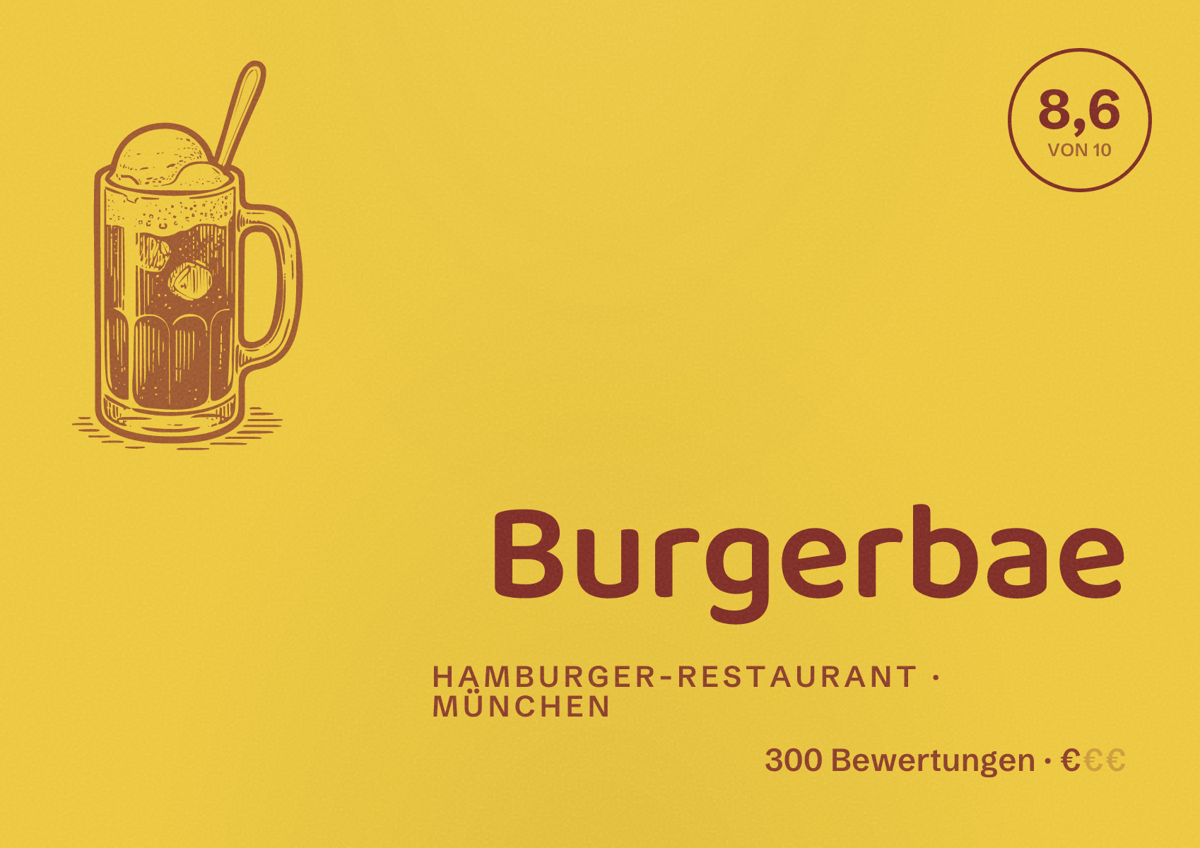Illustriertes Poster von Burgerbae, Hamburger-Restaurant in München: Bewertung 8,6 von 10 aus 300 Bewertungen, Preisniveau €