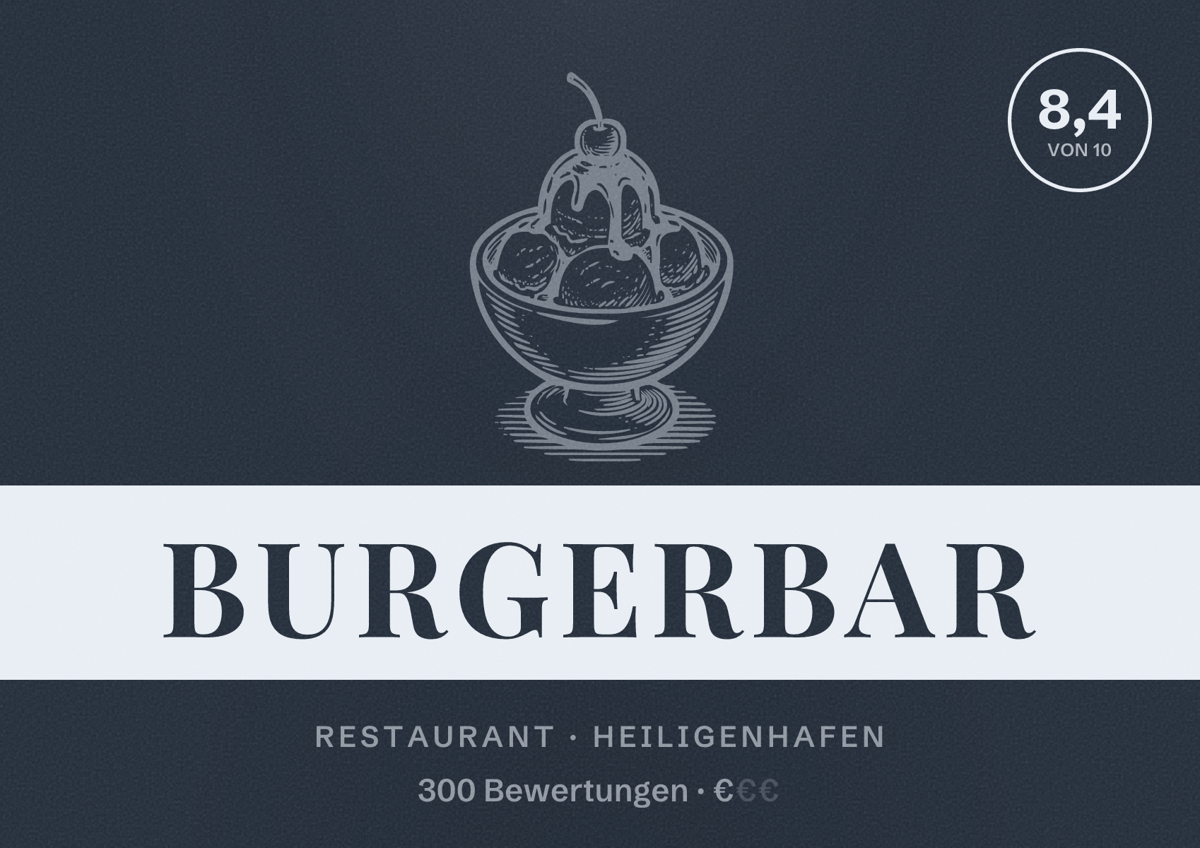 Illustriertes Poster von burgerbar, Restaurant in Heiligenhafen: Bewertung 8,4 von 10 aus 300 Bewertungen, Preisniveau €