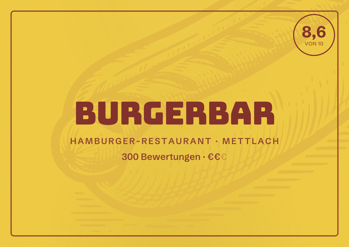 Illustriertes Poster von Burgerbar, Hamburger-Restaurant in Mettlach: Bewertung 8,6 von 10 aus 300 Bewertungen, Preisniveau €€