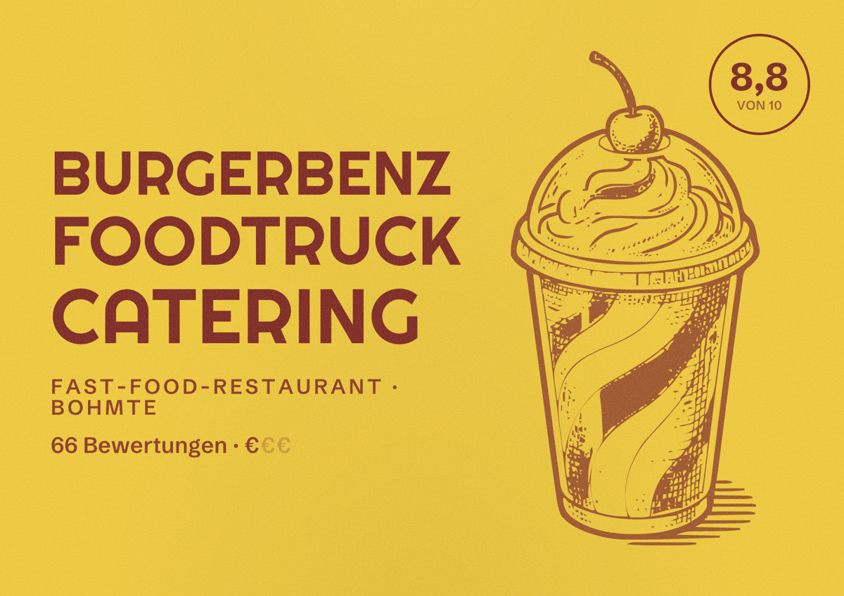 Illustriertes Poster von BurgerBenz Foodtruck Catering, Fast-Food-Restaurant in Bohmte: Bewertung 8,8 von 10 aus 66 Bewertungen, Preisniveau €