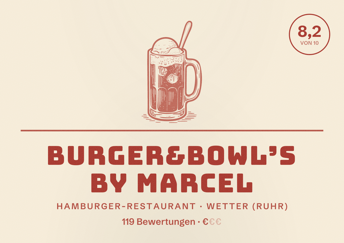 Illustriertes Poster von Burger&Bowl’s by Marcel, Hamburger-Restaurant in Wetter (Ruhr): Bewertung 8,2 von 10 aus 119 Bewertungen, Preisniveau €