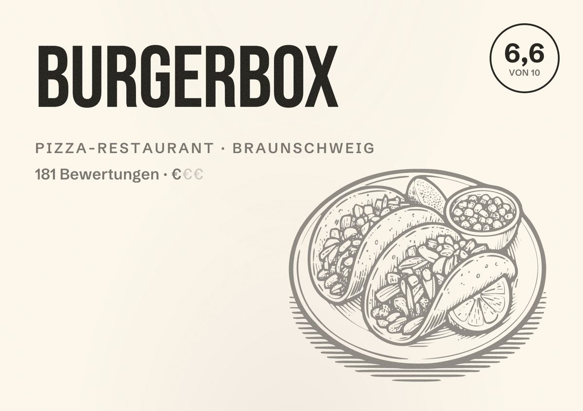 Illustriertes Poster von Burgerbox, Pizza-Restaurant in Braunschweig: Bewertung 6,6 von 10 aus 181 Bewertungen, Preisniveau €
