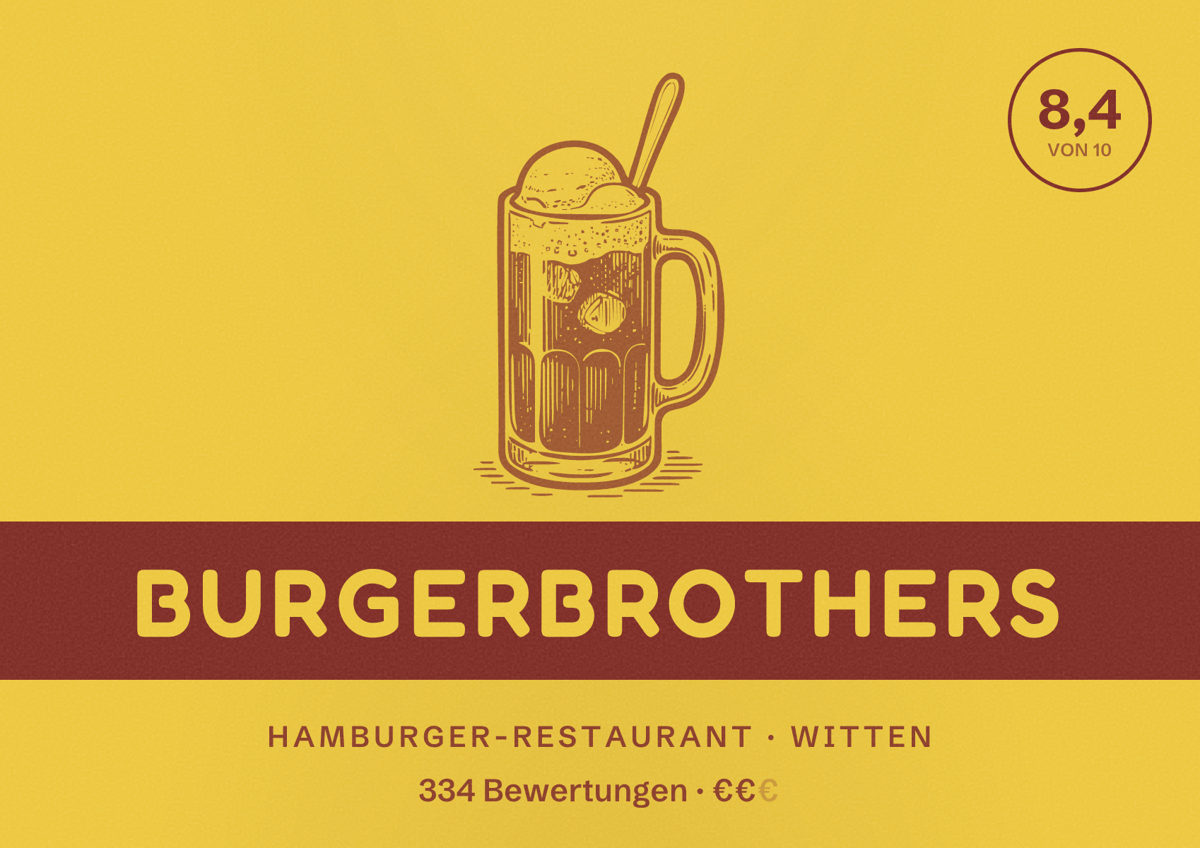 Illustriertes Poster von BurgerBrothers, Hamburger-Restaurant in Witten: Bewertung 8,4 von 10 aus 334 Bewertungen, Preisniveau €€