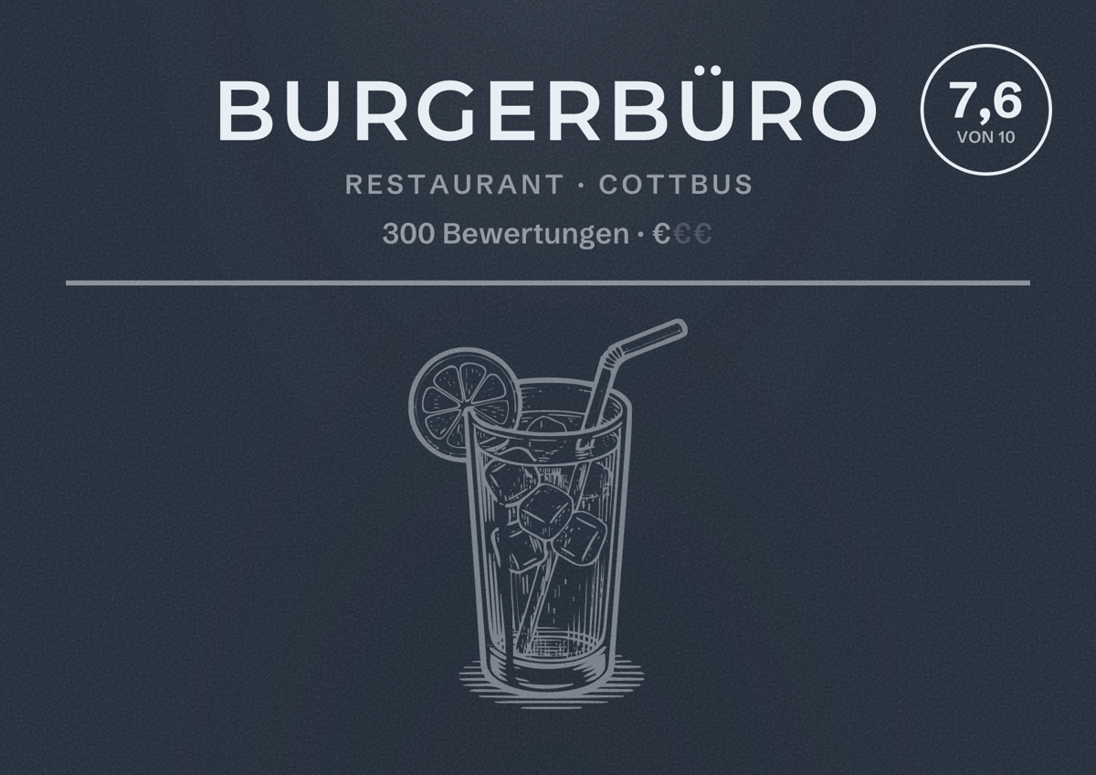 Illustriertes Poster von Burgerbüro, Restaurant in Cottbus: Bewertung 7,6 von 10 aus 300 Bewertungen, Preisniveau €