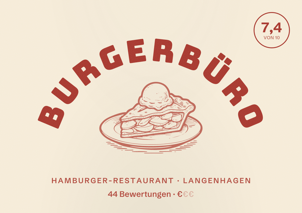 Illustriertes Poster von Burgerbüro, Hamburger-Restaurant in Langenhagen: Bewertung 7,4 von 10 aus 44 Bewertungen, Preisniveau €