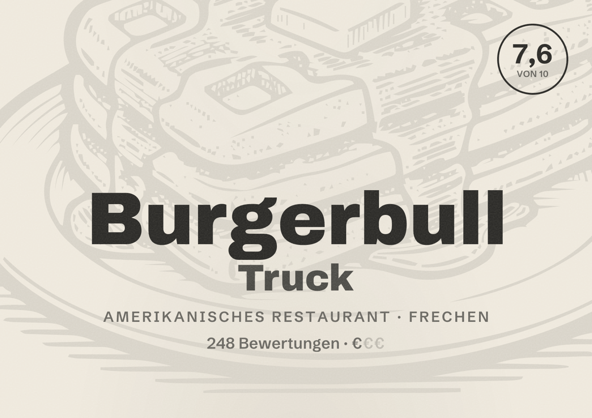 Illustriertes Poster von Burgerbull Truck, Amerikanisches Restaurant in Frechen: Bewertung 7,6 von 10 aus 248 Bewertungen, Preisniveau €