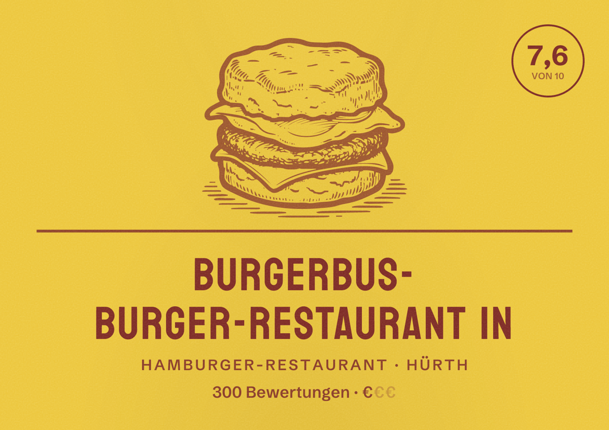 Illustriertes Poster von BurgerBus- Burger-Restaurant in, Hamburger-Restaurant in Hürth: Bewertung 7,6 von 10 aus 300 Bewertungen, Preisniveau €