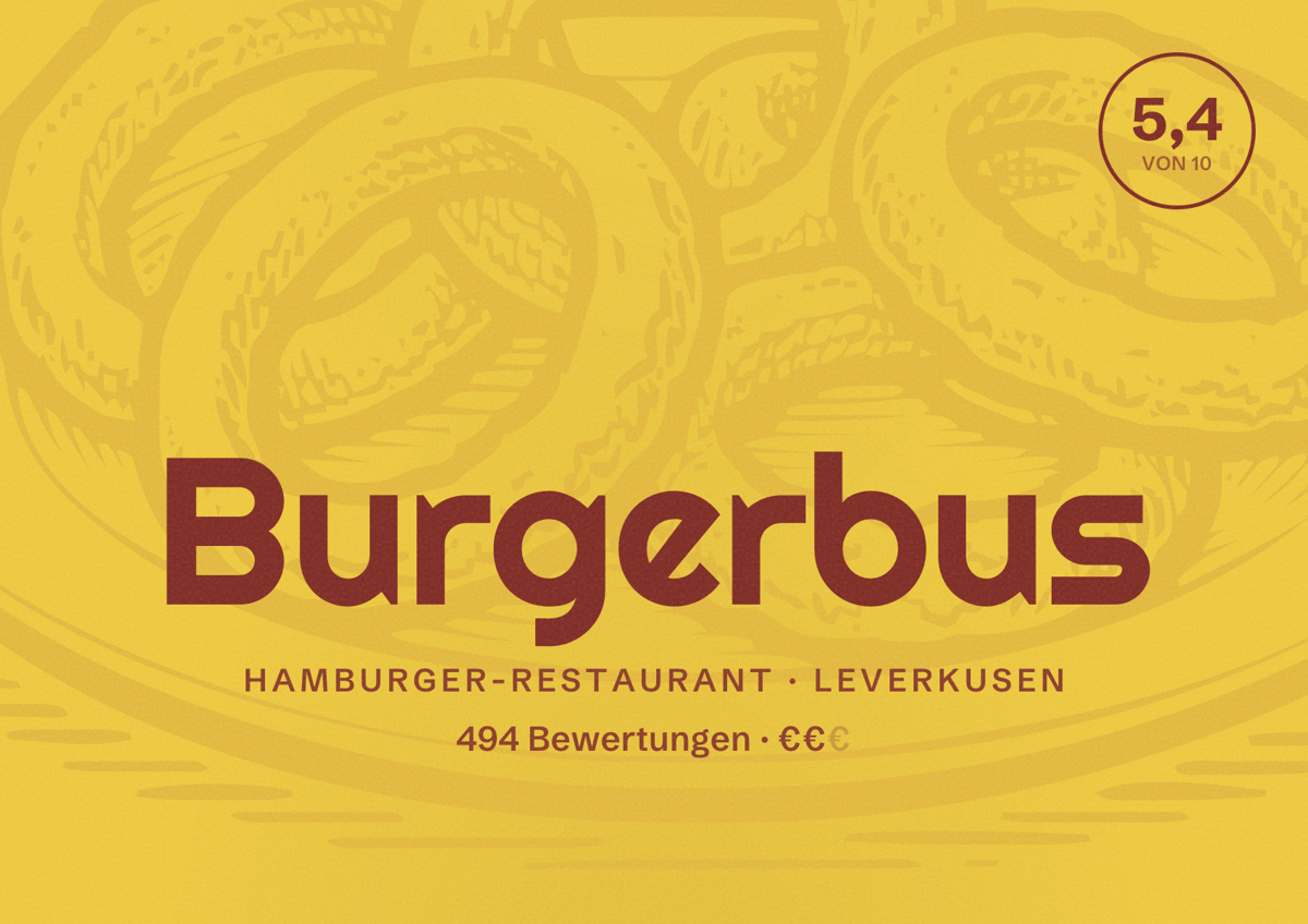 Illustriertes Poster von Burgerbus, Hamburger-Restaurant in Leverkusen: Bewertung 5,4 von 10 aus 494 Bewertungen, Preisniveau €€