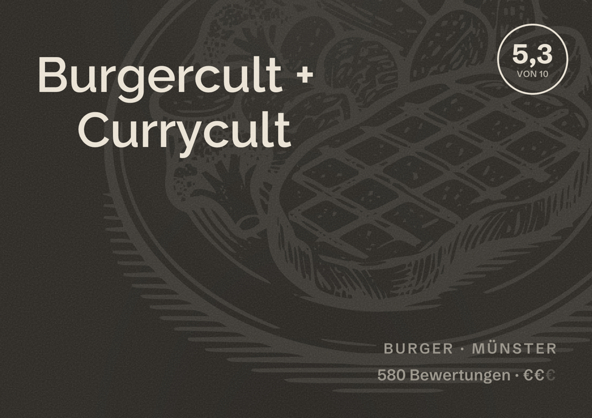 Illustriertes Poster von Burgercult + Currycult, Burger in Münster: Bewertung 5,3 von 10 aus 580 Bewertungen, Preisniveau €€