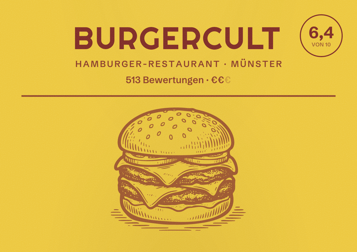 Illustriertes Poster von Burgercult, Hamburger-Restaurant in Münster: Bewertung 6,4 von 10 aus 513 Bewertungen, Preisniveau €€