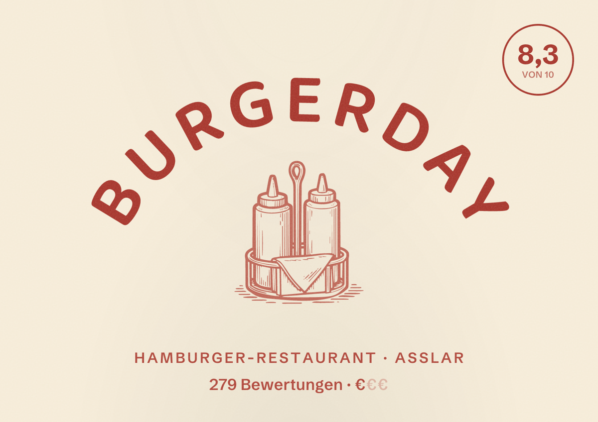 Illustriertes Poster von Burgerday, Hamburger-Restaurant in Aßlar: Bewertung 8,3 von 10 aus 279 Bewertungen, Preisniveau €