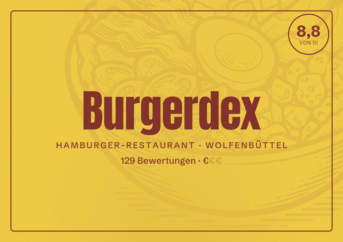 Illustriertes Poster von Burgerdex, Hamburger-Restaurant in Wolfenbüttel: Bewertung 8,8 von 10 aus 129 Bewertungen, Preisniveau €