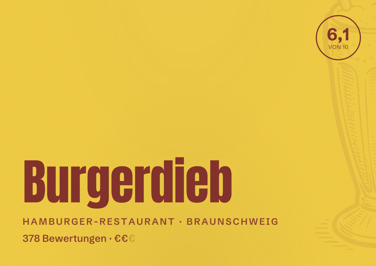 Illustriertes Poster von Burgerdieb, Hamburger-Restaurant in Braunschweig: Bewertung 6,1 von 10 aus 378 Bewertungen, Preisniveau €€