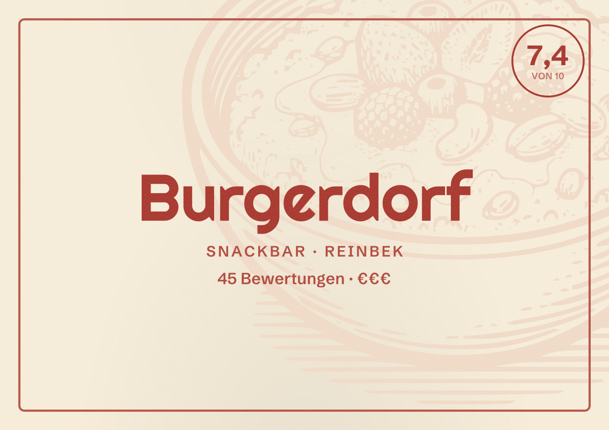 Illustriertes Poster von Burgerdorf, Snackbar in Reinbek: Bewertung 7,4 von 10 aus 45 Bewertungen, Preisniveau €€€
