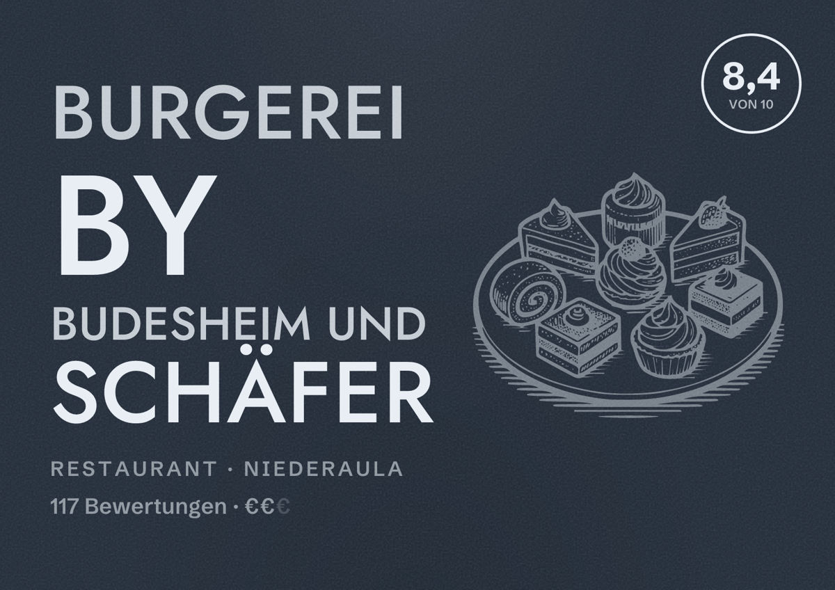 Illustriertes Poster von Burgerei by Budesheim und Schäfer, Restaurant in Niederaula: Bewertung 8,4 von 10 aus 117 Bewertungen, Preisniveau €€
