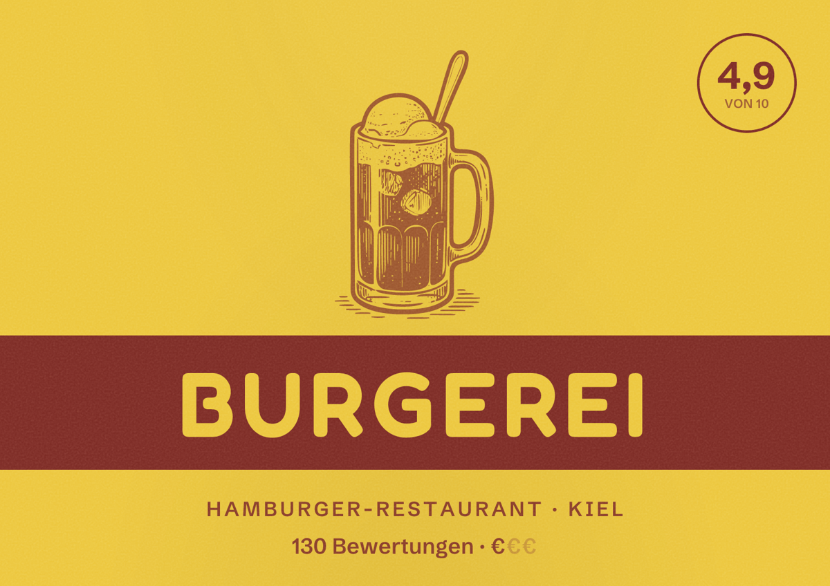 Illustriertes Poster von Burgerei, Hamburger-Restaurant in Kiel: Bewertung 4,9 von 10 aus 130 Bewertungen, Preisniveau €