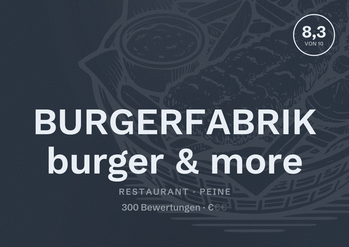 Illustriertes Poster von BURGERFABRIK burger & more, Restaurant in Peine: Bewertung 8,3 von 10 aus 300 Bewertungen, Preisniveau €