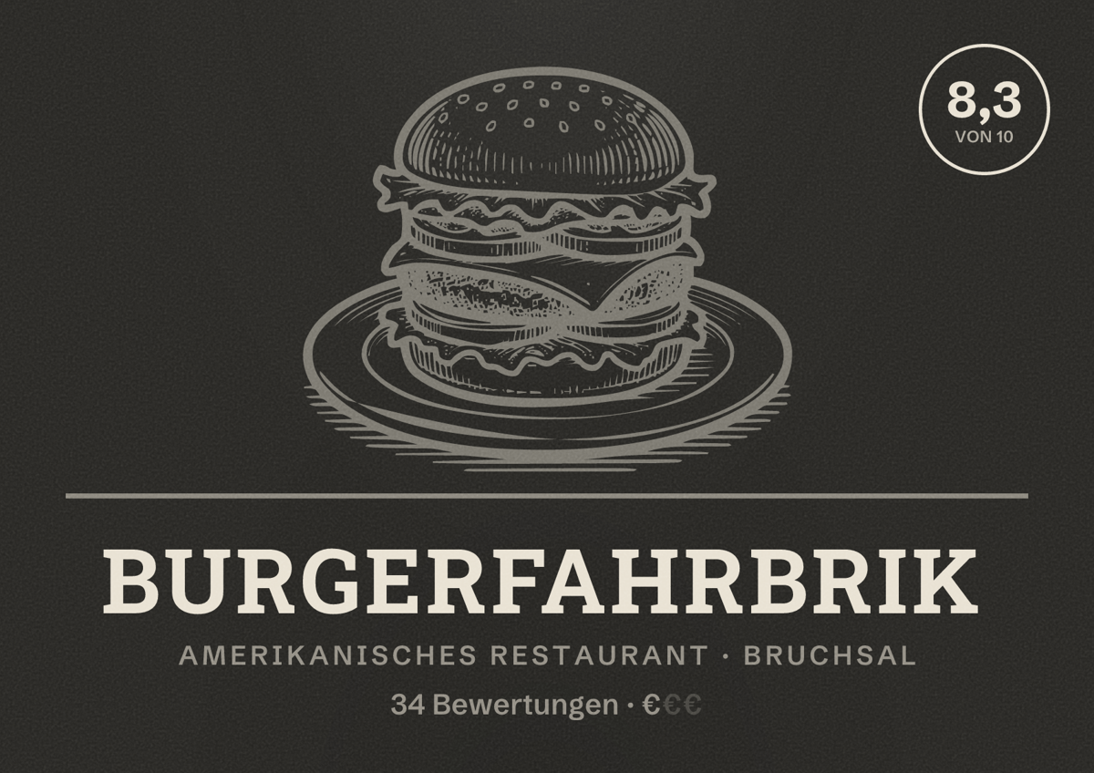 Illustriertes Poster von Burgerfahrbrik, Amerikanisches Restaurant in Bruchsal: Bewertung 8,3 von 10 aus 34 Bewertungen, Preisniveau €