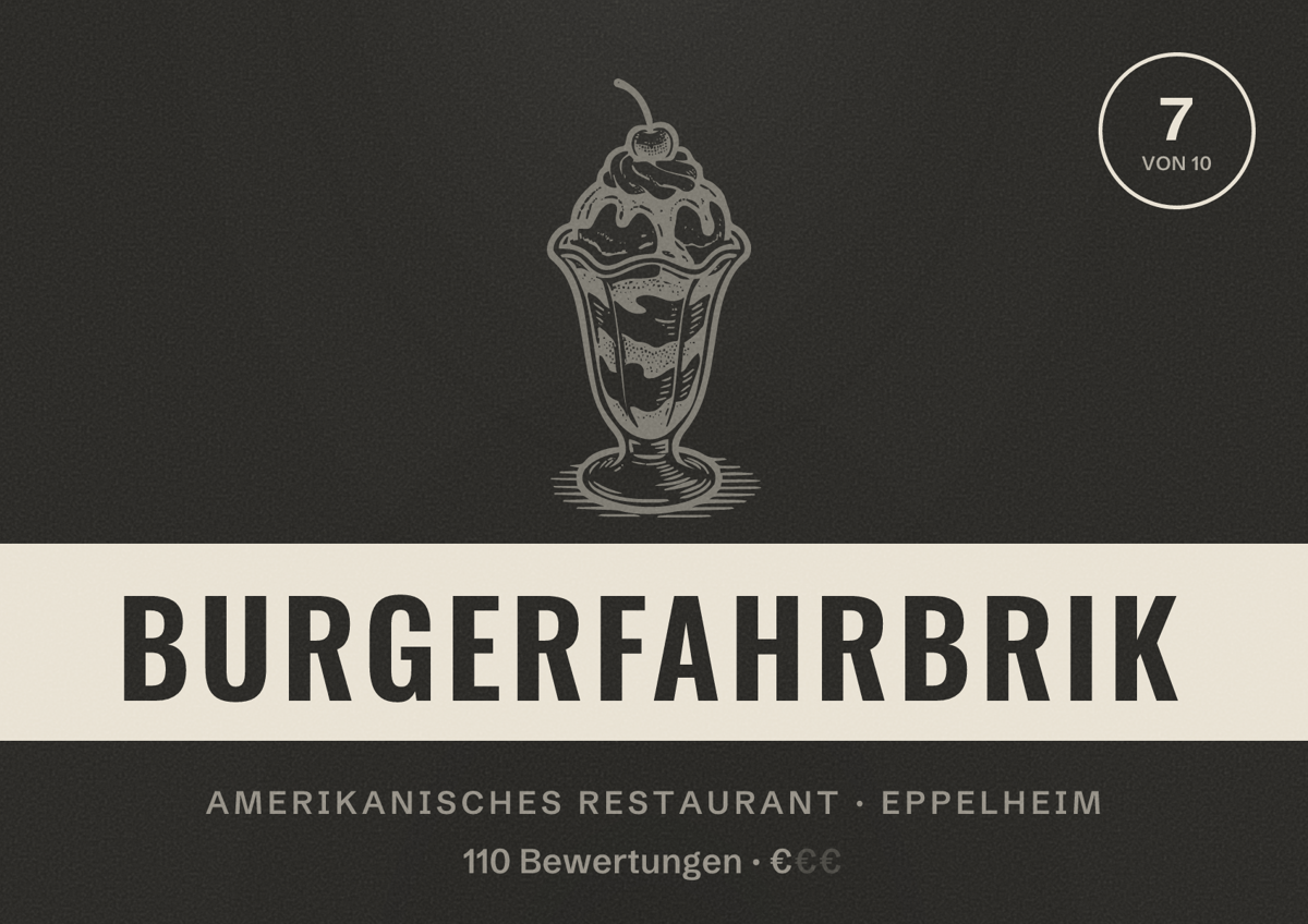Illustriertes Poster von Burgerfahrbrik, Amerikanisches Restaurant in Eppelheim: Bewertung 7 von 10 aus 110 Bewertungen, Preisniveau €