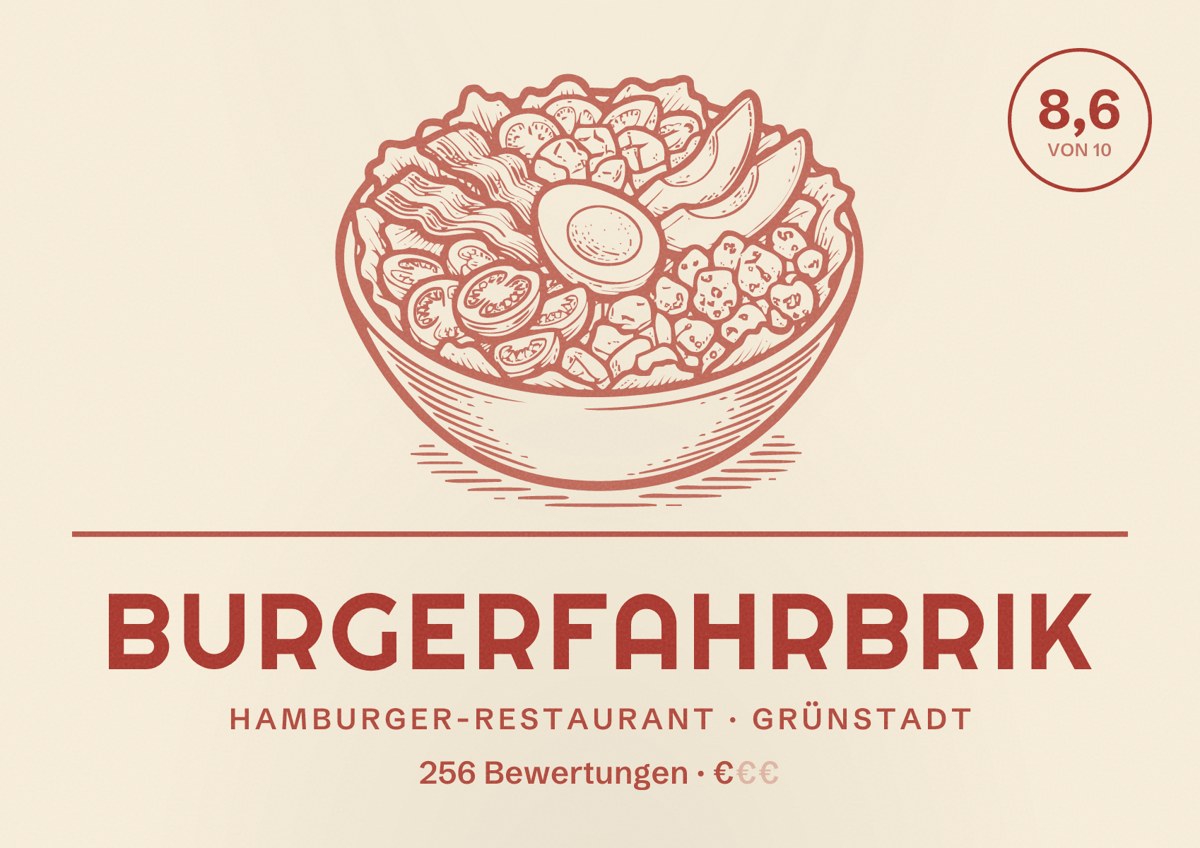 Illustriertes Poster von Burgerfahrbrik, Hamburger-Restaurant in Grünstadt: Bewertung 8,6 von 10 aus 256 Bewertungen, Preisniveau €