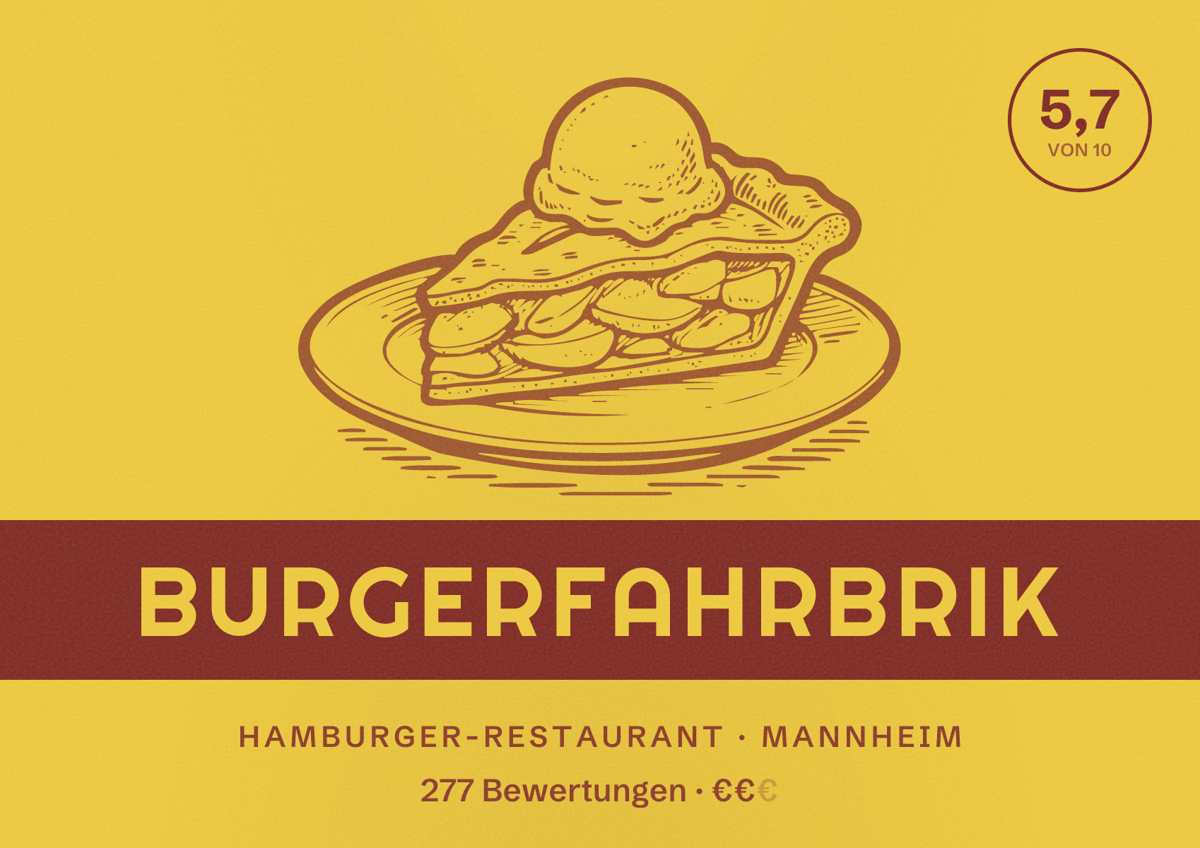 Illustriertes Poster von Burgerfahrbrik, Hamburger-Restaurant in Mannheim: Bewertung 5,7 von 10 aus 277 Bewertungen, Preisniveau €€