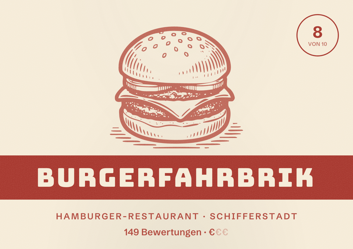 Illustriertes Poster von Burgerfahrbrik, Hamburger-Restaurant in Schifferstadt: Bewertung 8 von 10 aus 149 Bewertungen, Preisniveau €