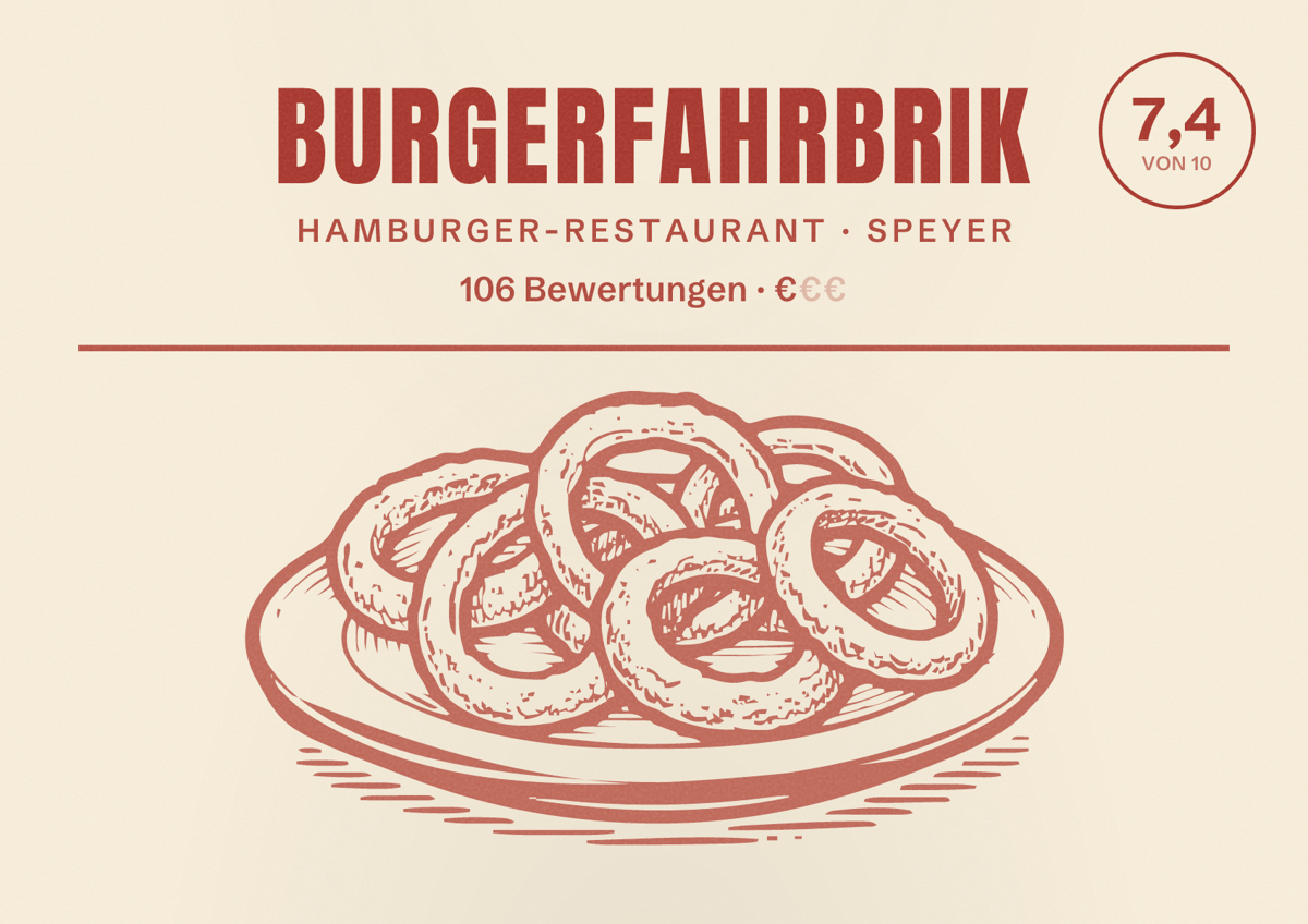 Illustriertes Poster von Burgerfahrbrik, Hamburger-Restaurant in Speyer: Bewertung 7,4 von 10 aus 106 Bewertungen, Preisniveau €