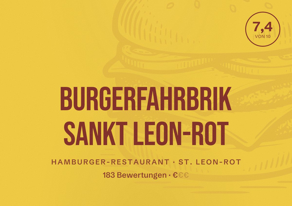 Illustriertes Poster von Burgerfahrbrik Sankt Leon-Rot, Hamburger-Restaurant in St. Leon-Rot: Bewertung 7,4 von 10 aus 183 Bewertungen, Preisniveau €
