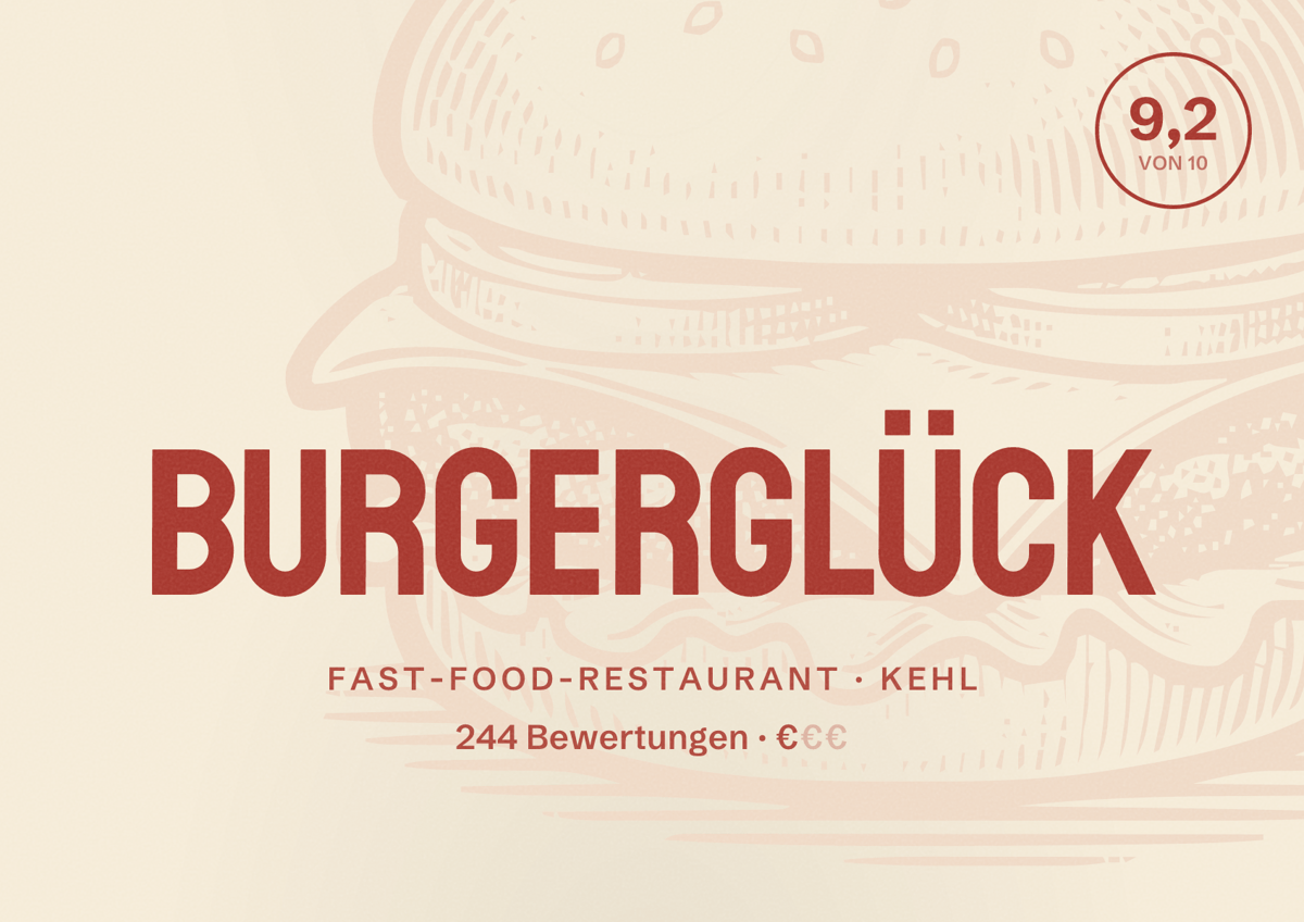 Illustriertes Poster von Burgerglück, Fast-Food-Restaurant in Kehl: Bewertung 9,2 von 10 aus 244 Bewertungen, Preisniveau €