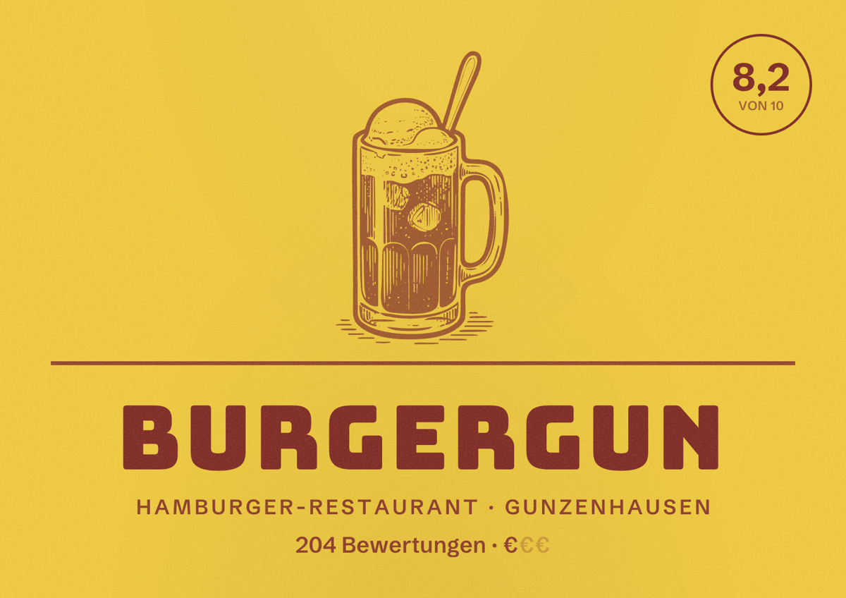 Illustriertes Poster von BurgerGun, Hamburger-Restaurant in Gunzenhausen: Bewertung 8,2 von 10 aus 204 Bewertungen, Preisniveau €
