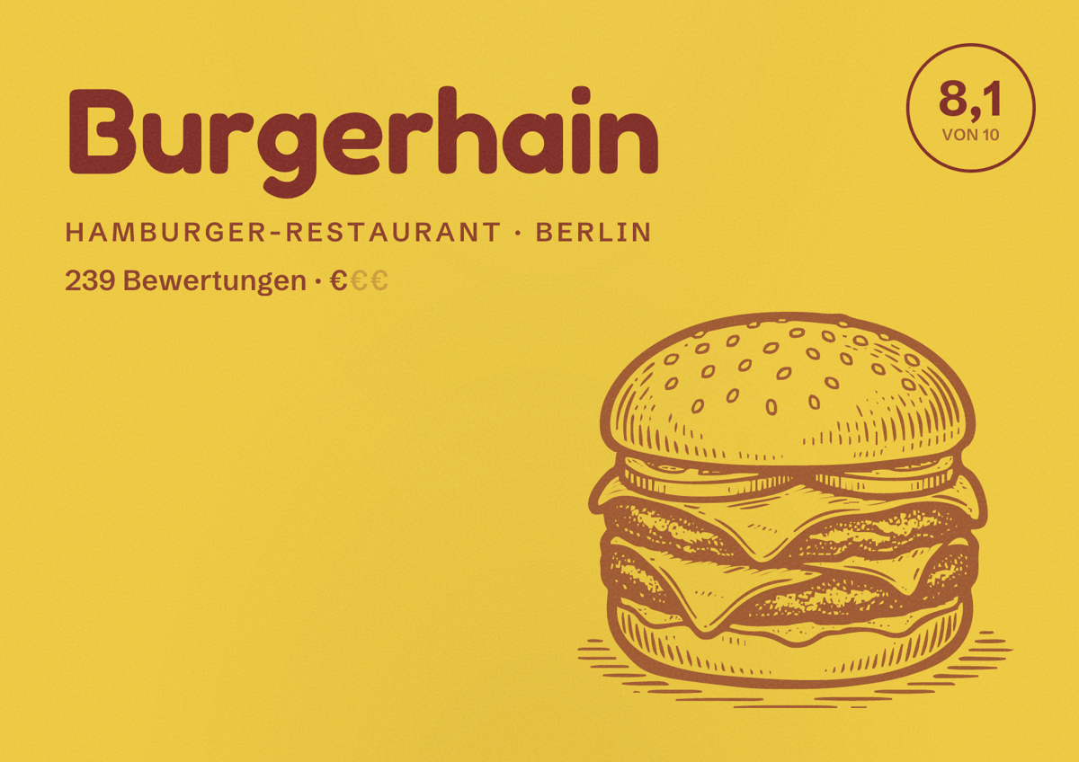 Illustriertes Poster von Burgerhain, Hamburger-Restaurant in Berlin: Bewertung 8,1 von 10 aus 239 Bewertungen, Preisniveau €