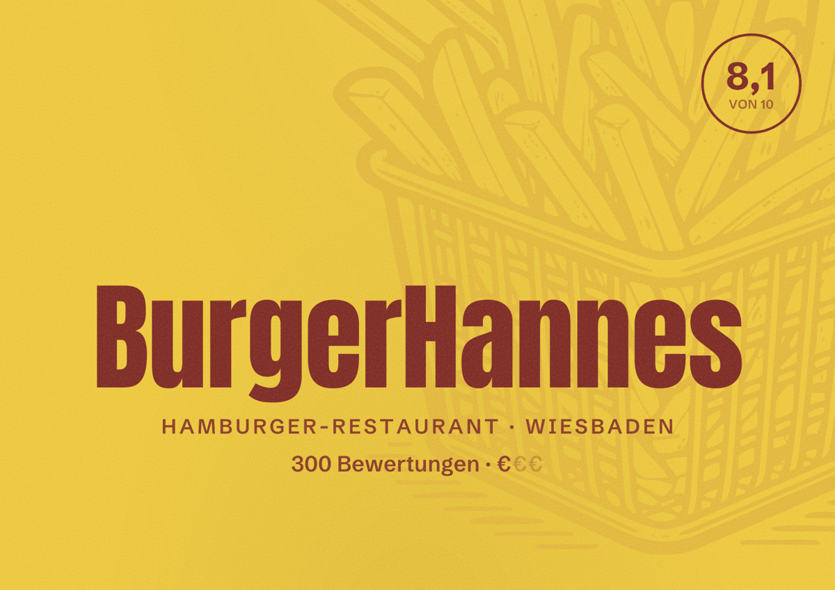 Illustriertes Poster von BurgerHannes, Hamburger-Restaurant in Wiesbaden: Bewertung 8,1 von 10 aus 300 Bewertungen, Preisniveau €