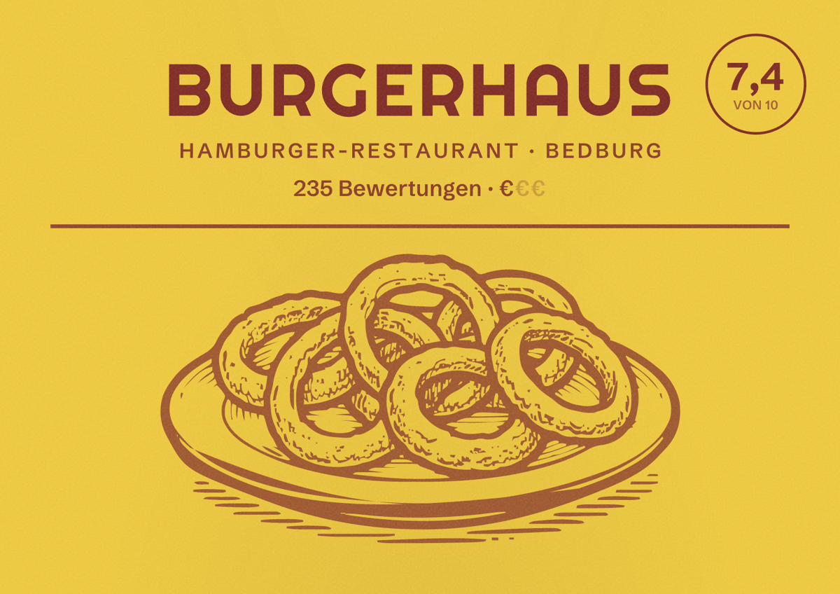 Illustriertes Poster von BURGERHAUS, Hamburger-Restaurant in Bedburg: Bewertung 7,4 von 10 aus 235 Bewertungen, Preisniveau €