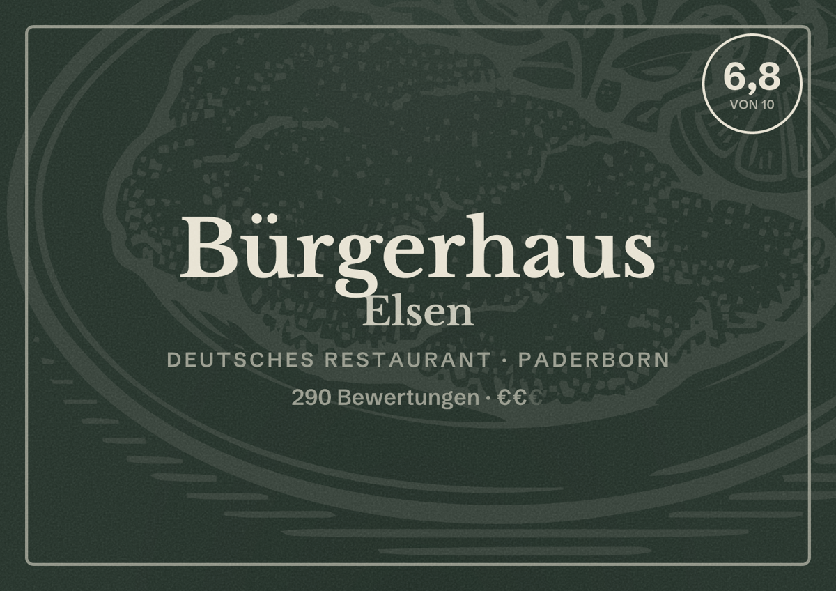 Illustriertes Poster von Bürgerhaus Elsen, Deutsches Restaurant in Paderborn: Bewertung 6,8 von 10 aus 290 Bewertungen, Preisniveau €€