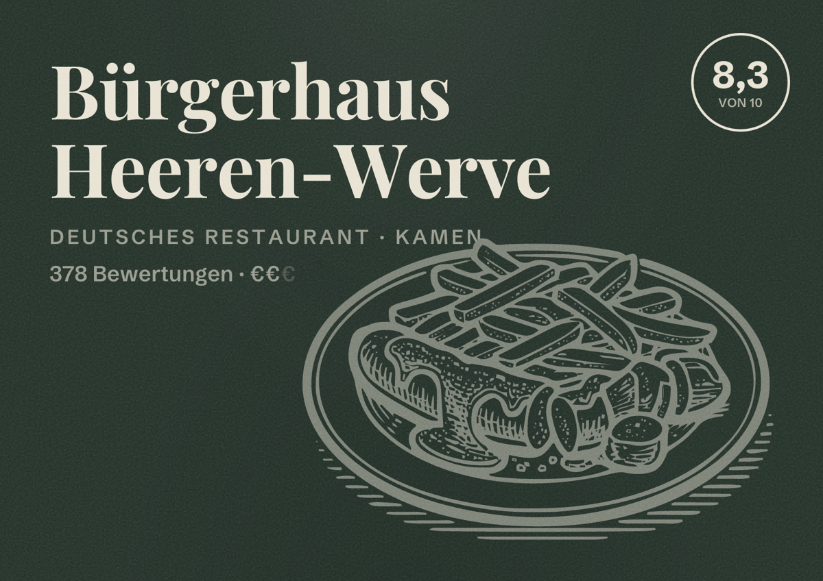 Illustriertes Poster von Bürgerhaus Heeren-Werve, Deutsches Restaurant in Kamen: Bewertung 8,3 von 10 aus 378 Bewertungen, Preisniveau €€